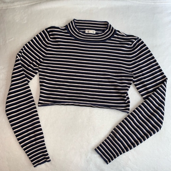 Urban Outfitters Tops - Navy Striped Long Sleeve Turtle Neck Crop Top